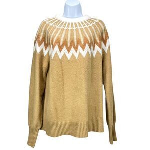 French Connection Essentials Women's Large Fair Isle Crewneck Sweater in Camel‎